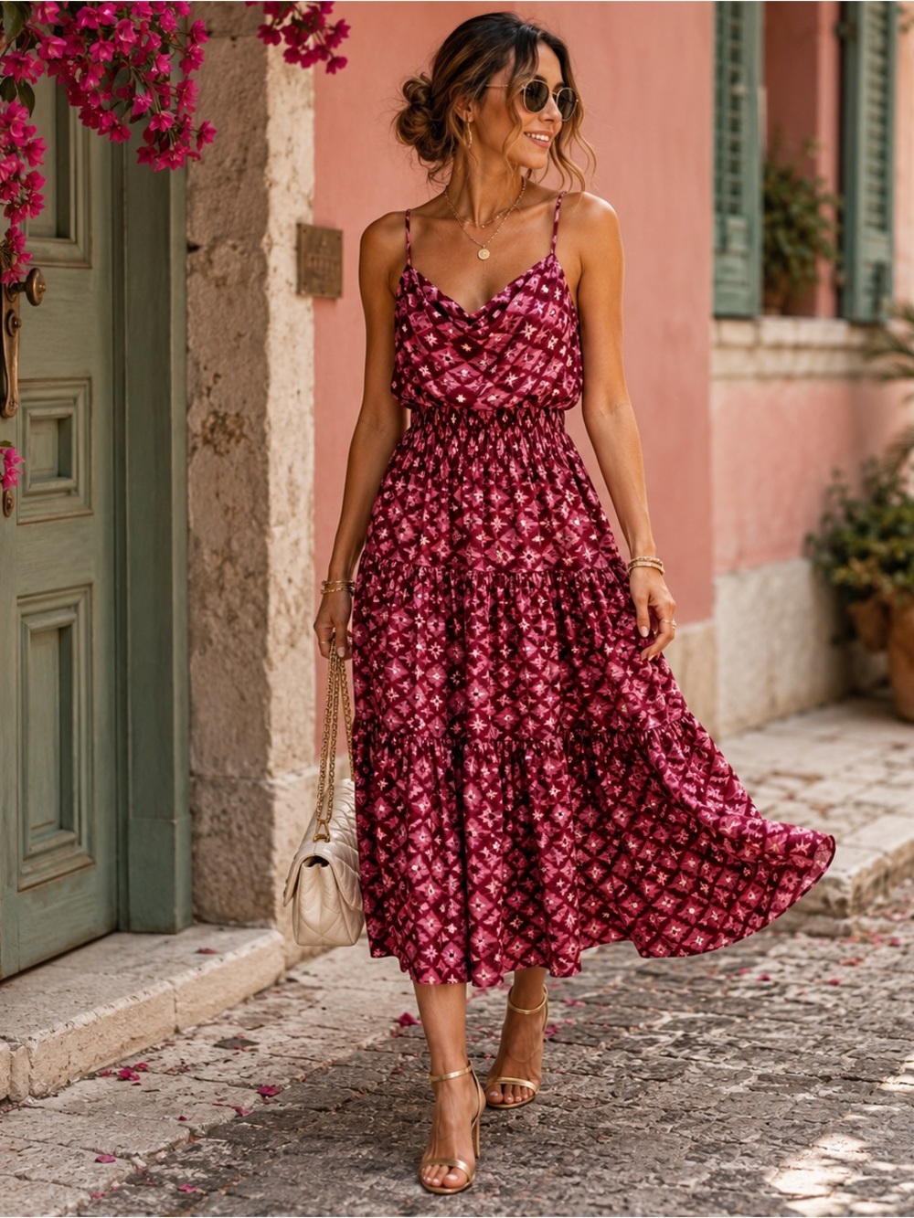 NWOT Sachin & Babi Dalia Midi Dress Pink Burgundy Cowl Neck Size 6